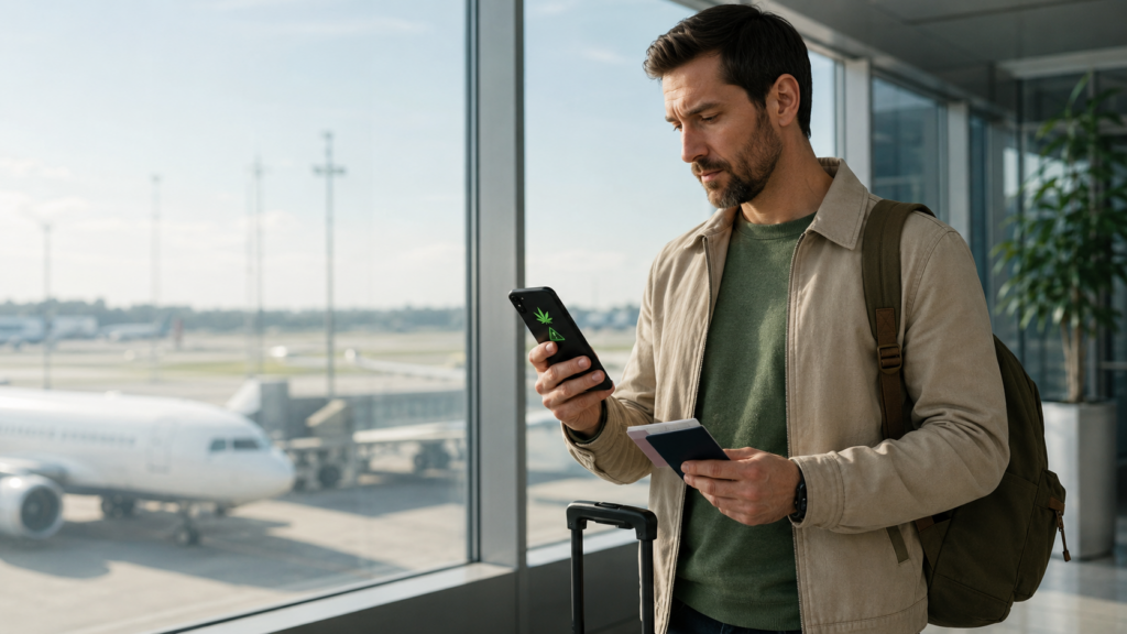 Adult traveler reviewing rules for cannabis at JFK Airport