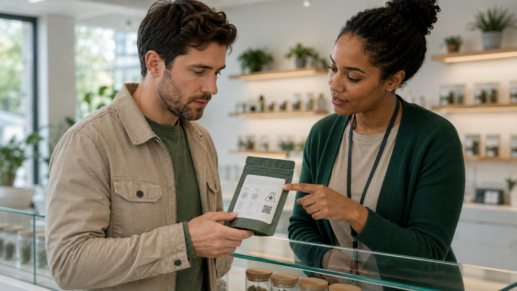 Adult shopper reading New York cannabis labels in a licensed dispensary