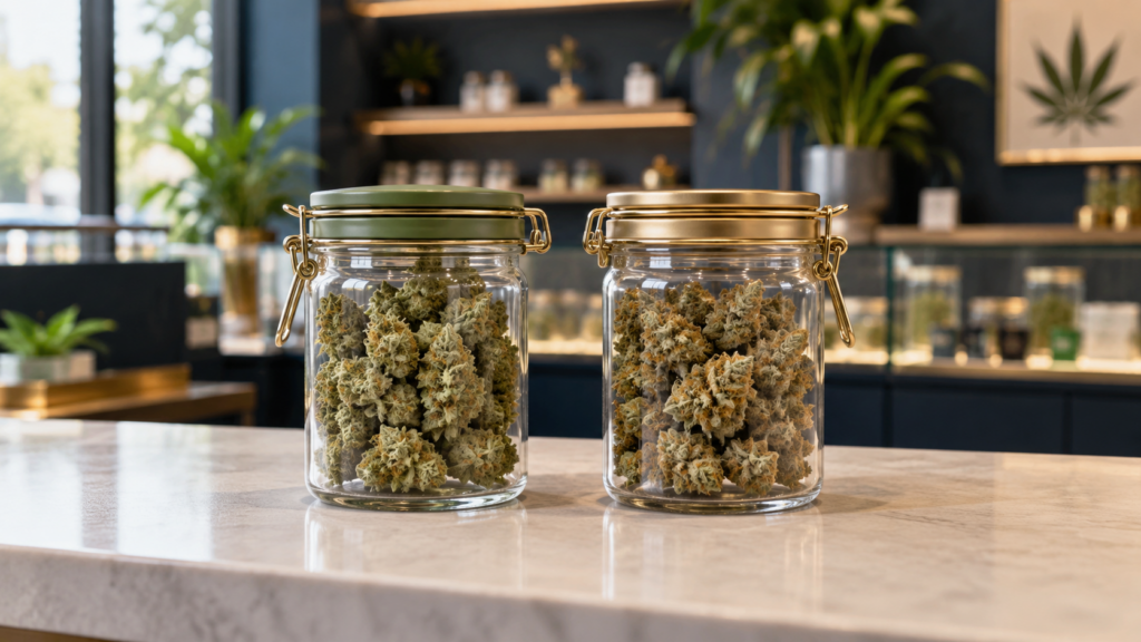 Adult shopper reviewing a sativa vs indica comparison