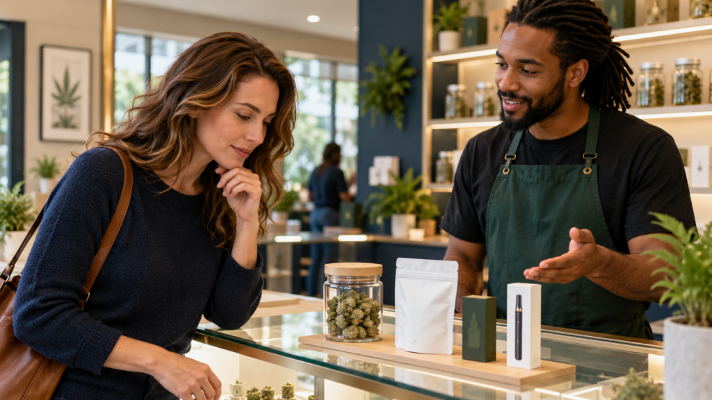 Adult shopper learning what is cannabis in a licensed store